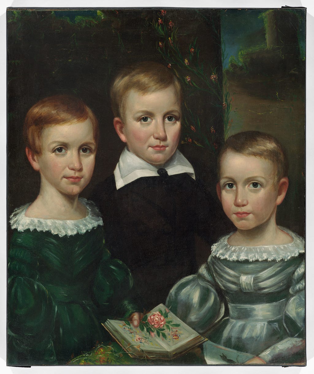 Emily Elizabeth, Austin, and Lavinia Dickinson by Otis Allen Bullard, oil on canvas, ca. 1840, Houghton Library, Harvard University — image courtesy of Wikipedia and is labeled Public Domain