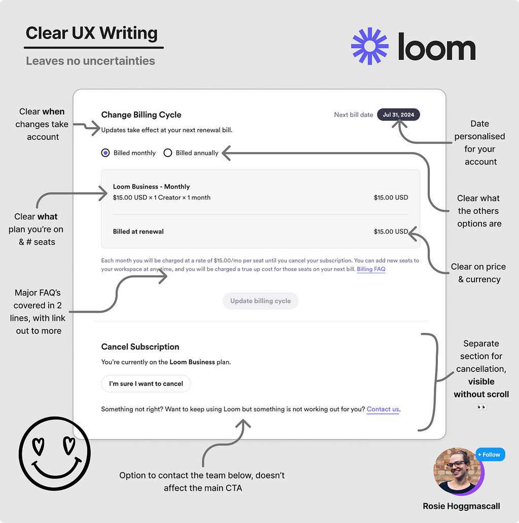 Analysis of the clear UX writing on the Manage Subscriptions page on Loom