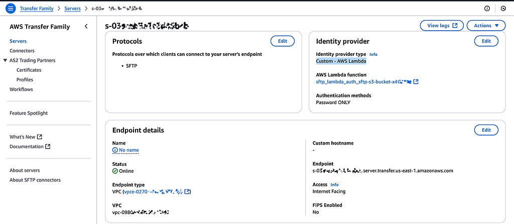 AWS Transfer Family page in AWS Console