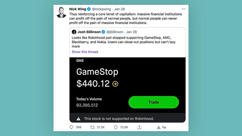 Screenshot of a tweet by Nick Wing re: situation with Robinhood in Jan 2021. Link to original tweet in the image description.