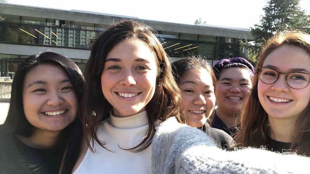 Five young women pose for a selfie.