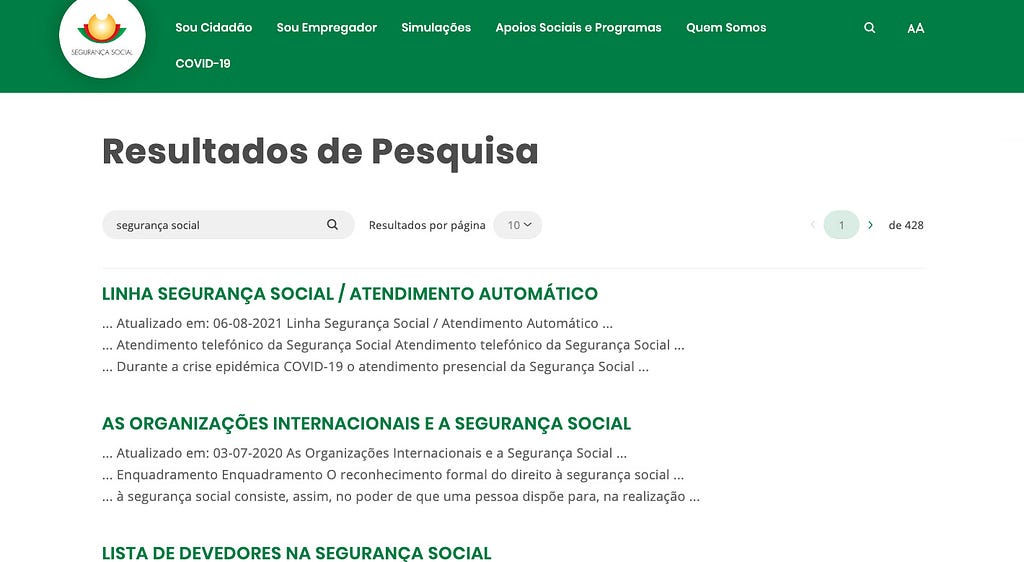 Page of search results of portal Segurança Social