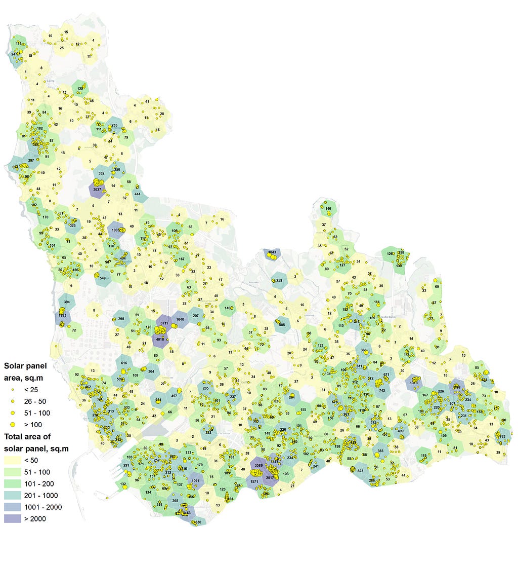 Density of solar panels H3 9 resolution. The cells indicate the total area of panels in the cell.