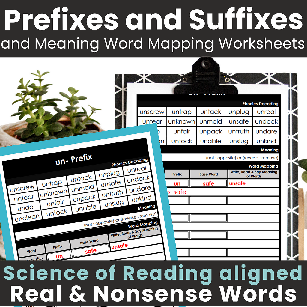 Are you looking for an effective way to orthographic mapping and decode multisyllabic words with prefixes and suffixes? If so, you’ll want to look at these NO PREP Prefixes and Suffixes orthographic mapping phonics worksheets! They will allow students to read phonics-based words and orthographically map phonemes fluently. This resource includes word lists along with phoneme-grapheme mapping worksheets. This resource will enable students to connect speech sounds (phonemes) to letters (graphemes).