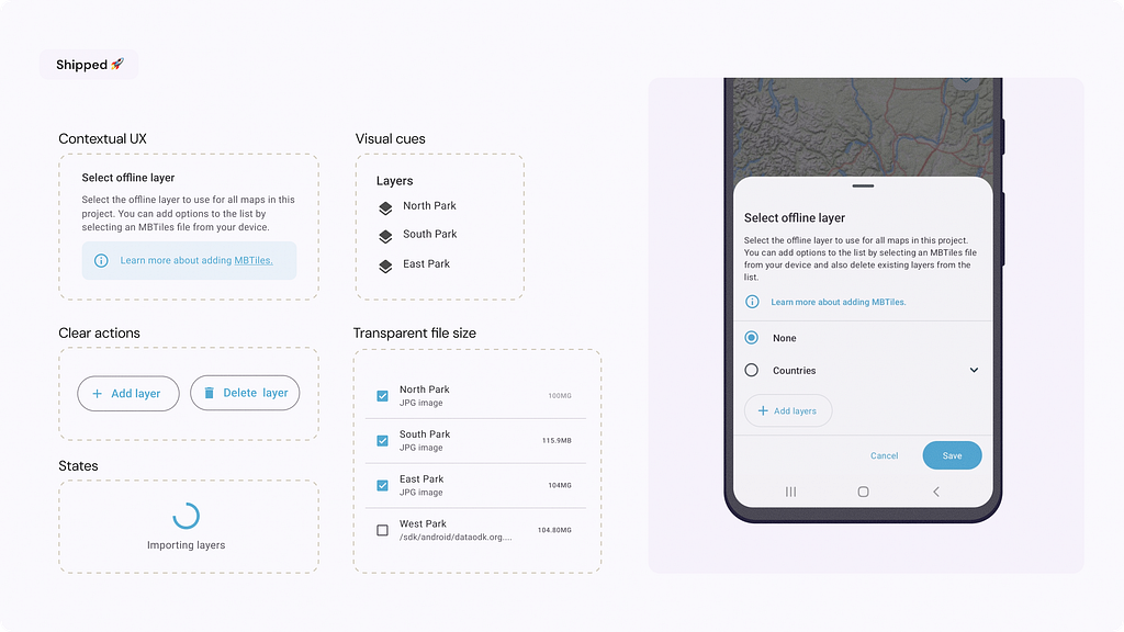 User interface mockup with the different components that allow users to upload offline tiles onto their device.