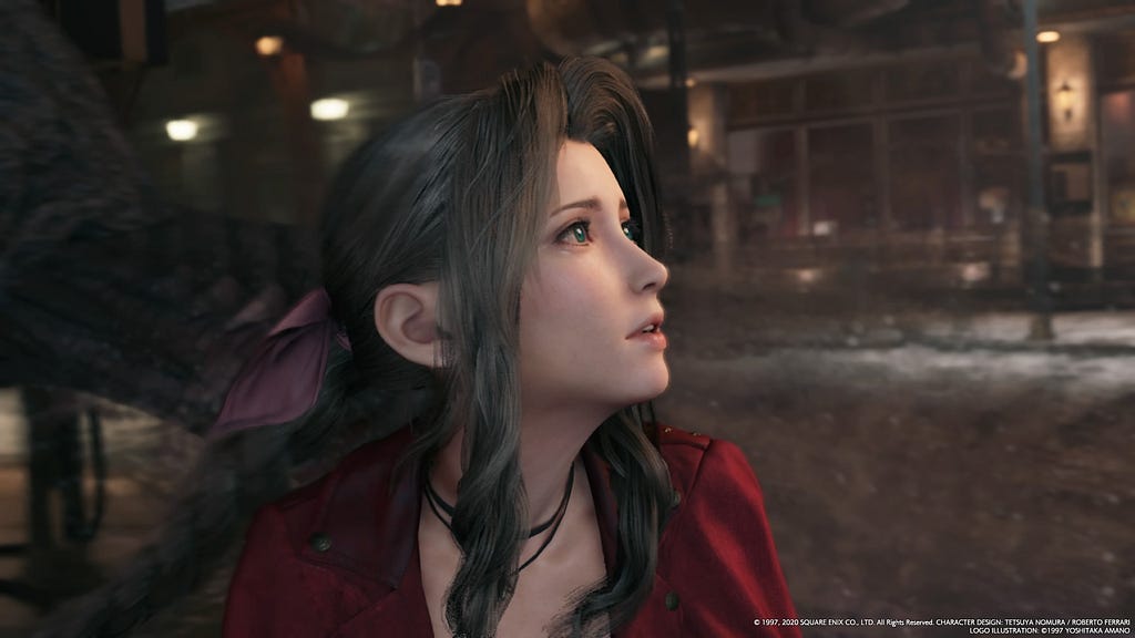 Chapter 2 “Fateful Encounters” the Whispers are forcing Aerith to stay on the street until Cloud arrives.