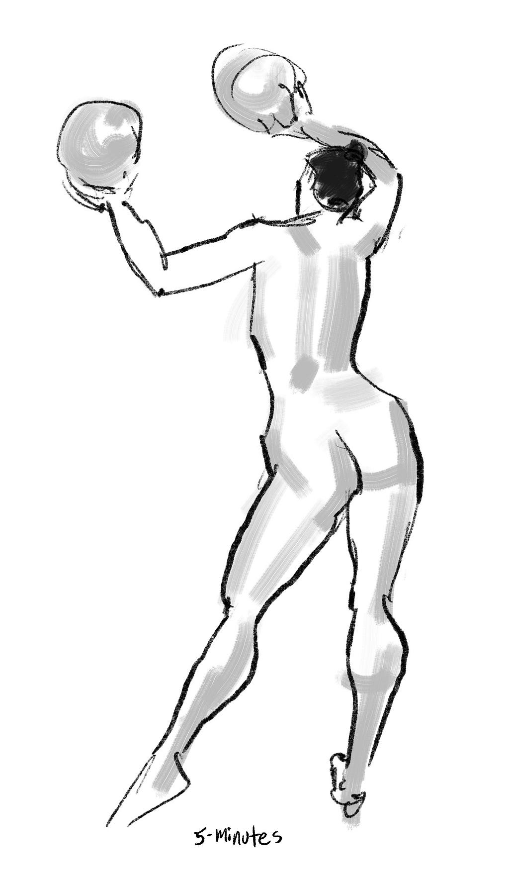 Drawing of a nude female model. She is standing with her back to the viewer and holding 2 balloons above her head.