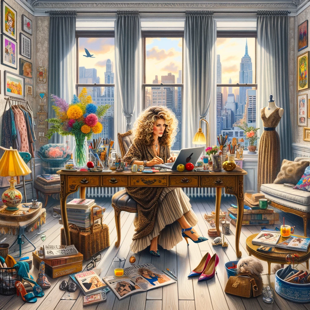 AI-generated image of Carrie Bradshaw writing on her apartment