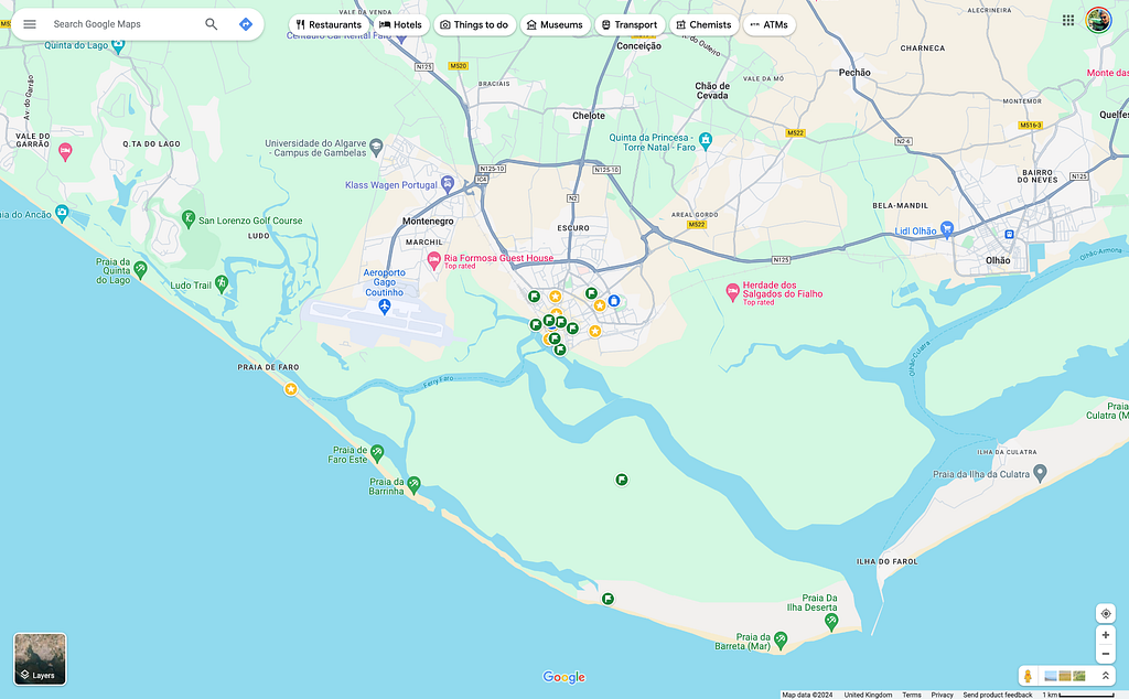 Screenshot of Google Maps showing places of interest marked with different kinds of bookmark