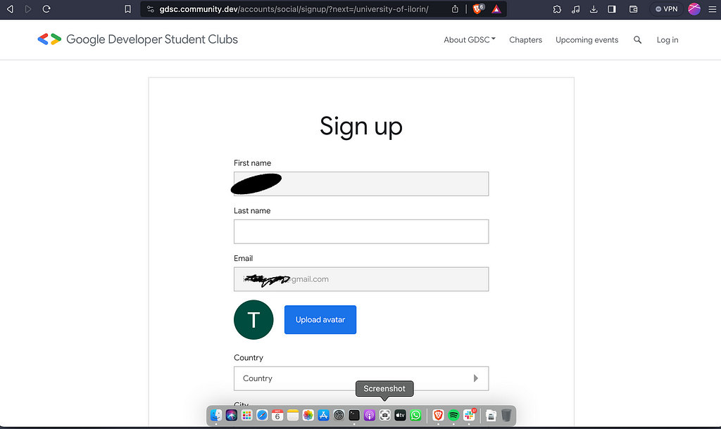 sign up page