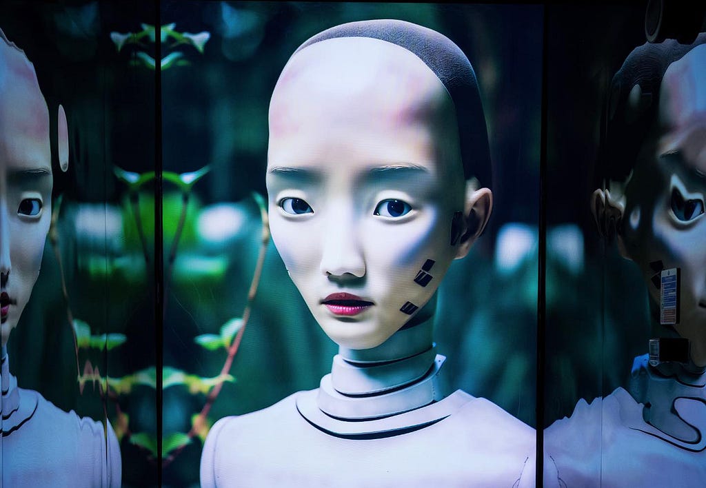 The image shows an exhibited humanoid robot with a young woman’s features and visible mechanical joints, reflected in a triptych mirror setting.