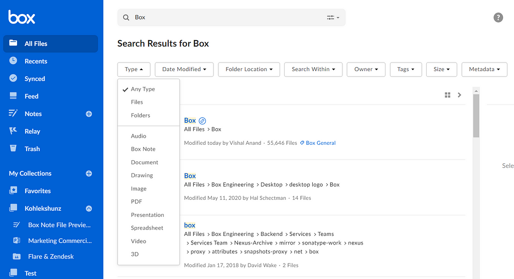 Image of Box search, where it highlights the unique location of its files through breadcrumbs to help its users find the right result.