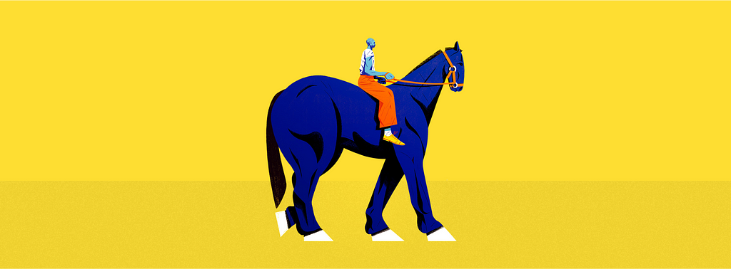 Banner image — illustration of light blue person with orange trousers, sitting over a blue horse and plane yellow background