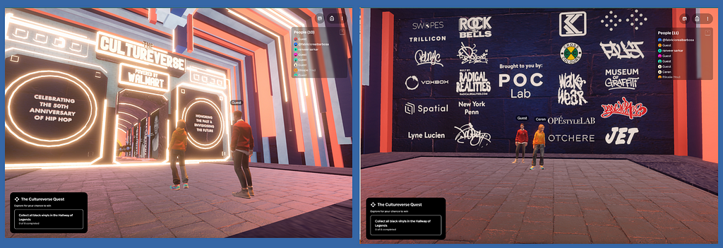 Décor de l’expérience The Culturverse où évoluent plusieurs avatars de visiteurs. deux images l’une montrant la porte d’entrée du métavers expliquant les expériences à venir et l’autre montrant les logos des partenaires en blanc sur fond noir.