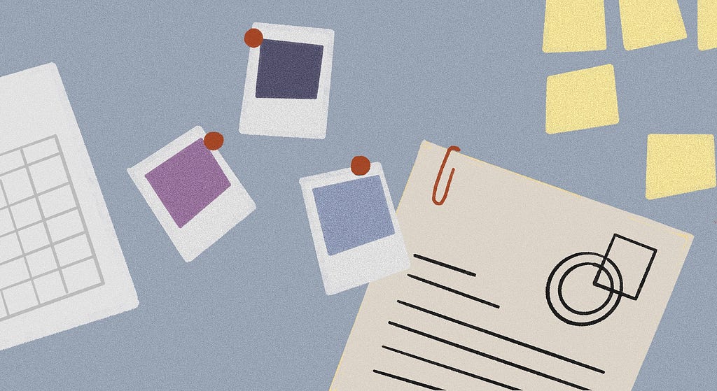 Illustration of a UX Research setting with user polaroids, sticky notes, user contracts and a calendar.