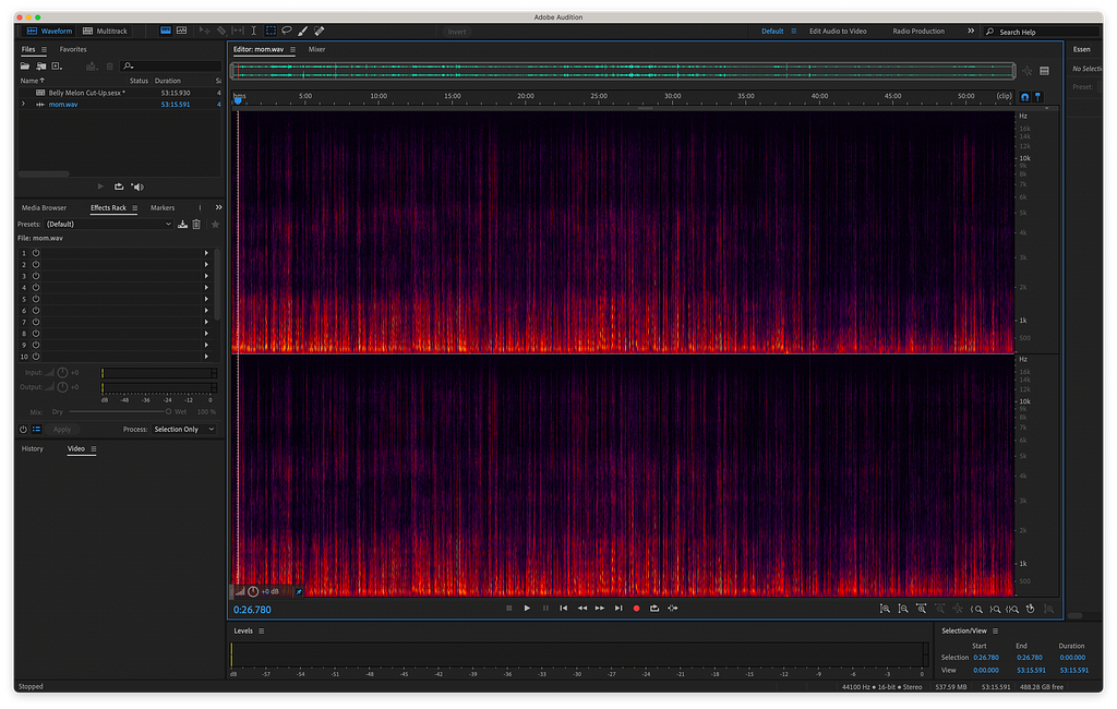 Waveform view in Adobe Audition as I looked for distortion.