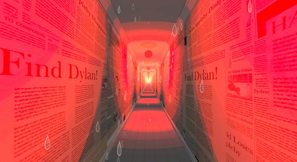 A screenshot from Before I Forget shows a long hallway, bathed in red light. Newspaper clippings cover the walls, with the phrase “Find Dylan!” repeated.