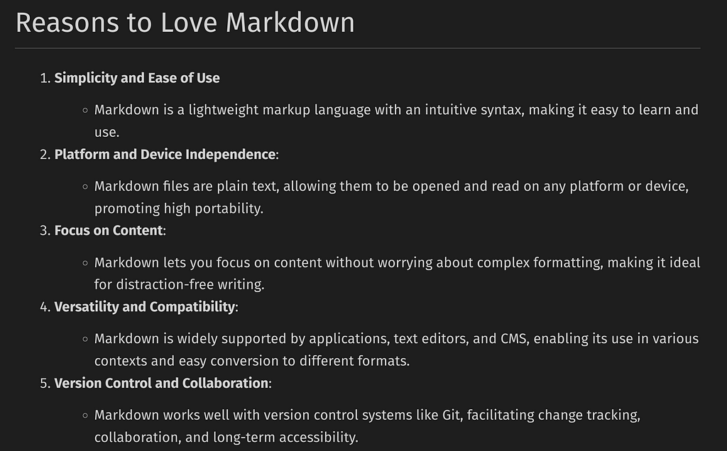 The formatted list of reasons to love Markdown