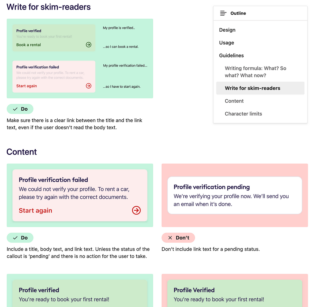 A screenshot from Getaround’s content guidelines. Including advice on how to write for skim-readers