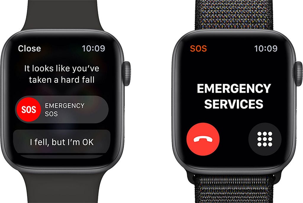 Two watch screens showing Apple’s fall detection dialogue