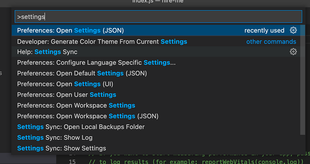 Image showing how to reach settings.json in VSCode by pressing Command+Shift+P on a Mac