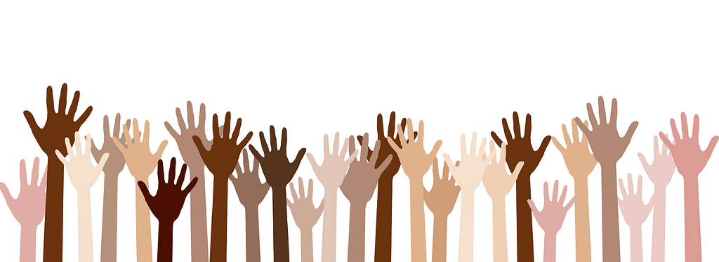 An illustrated image of hands of all shades raised, as if volunteering
