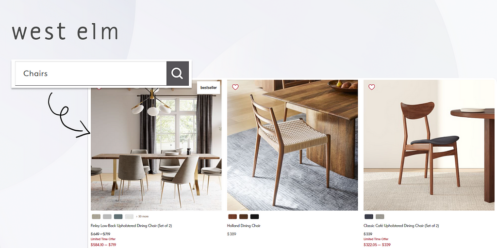 On-site search dynamic ranking example, West Elm