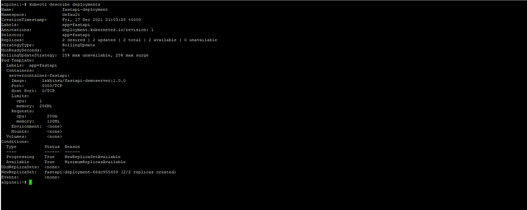 Screenshot shows the output of the “kubectl describe deployments” command.