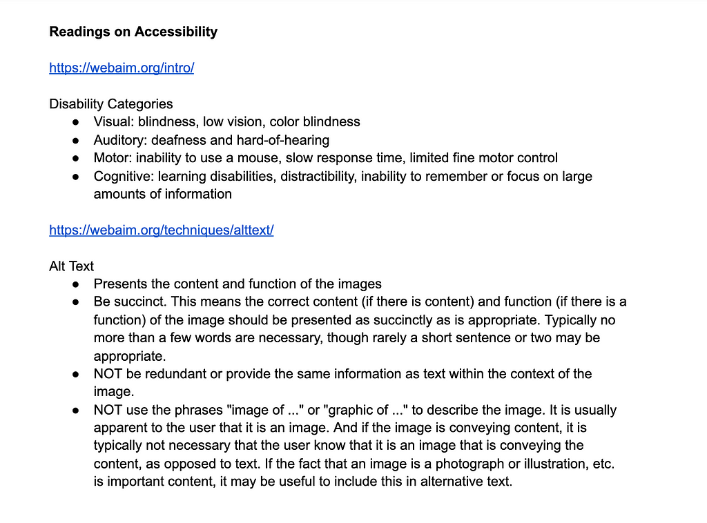 Screenshot of a document with notes on readings about web accessibility