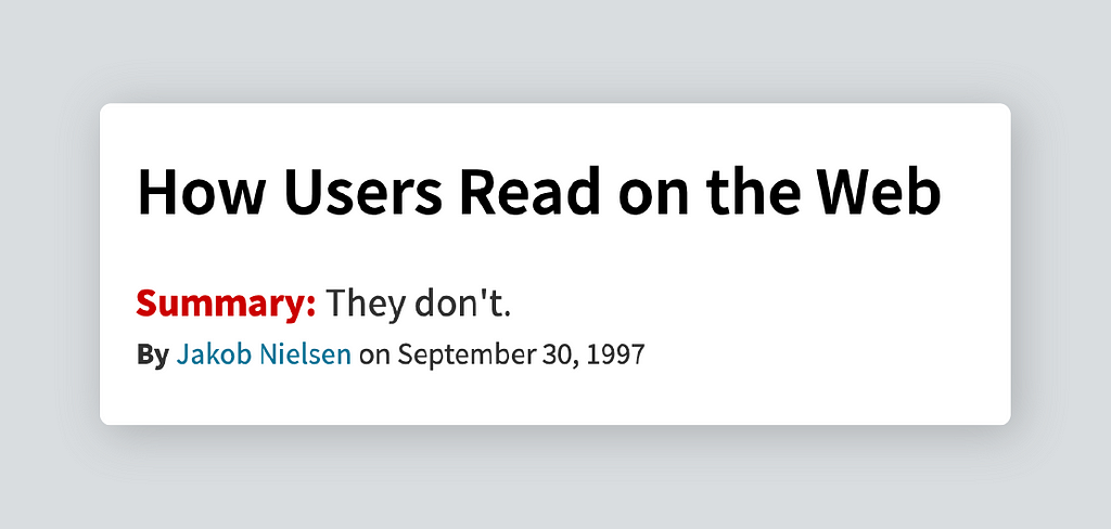 Screenshot of Jakob Nielsen article saying ‘How users read on the web’