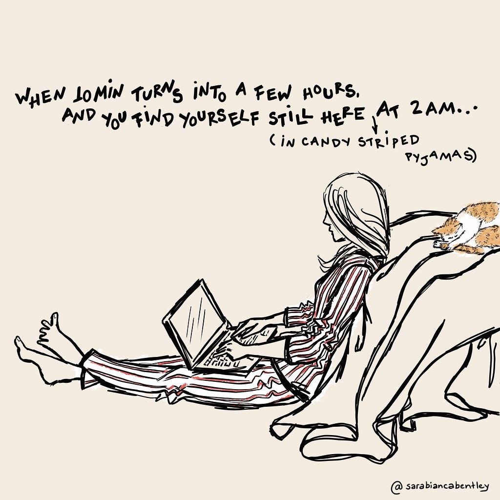 A drawing by Sara Bianca Bentley showing a girl sitting in her bedroom on her computer late at night. she is in her PJs and her cat is beside her.