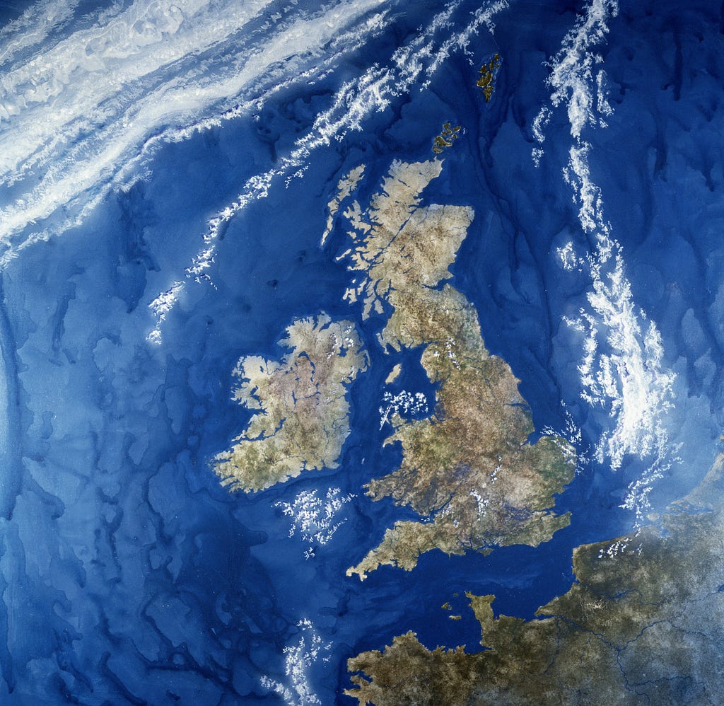 Satellite view of the UK and surrounding sea during daytime