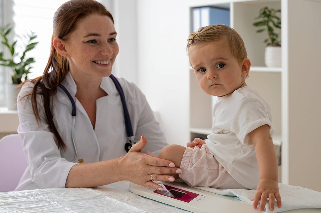 A pediatritian smiling while checking up an infant