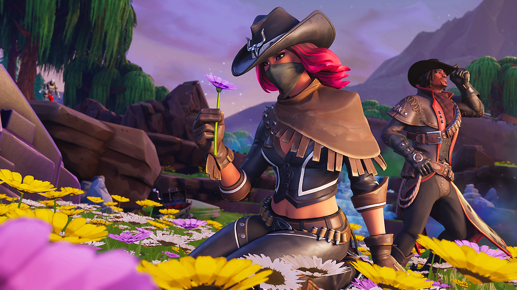 Loading Screen showing Calamity and Deadfire admiring the new lake’s flowers, while AIM observes in the background