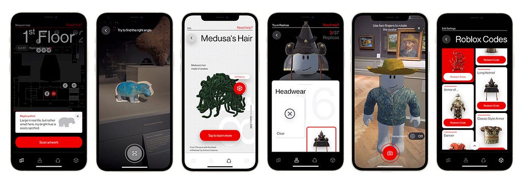 Divers écrans montrant comment scanner des oeuvres pendant sa visite au musée et les récupérer dans l’application Replica du MET