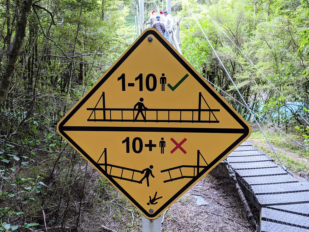 A caution sign for a bridge warning that the maximum capacity is 10 people