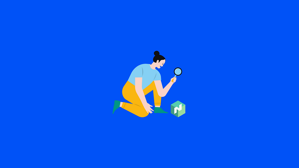 A graphic of a female presenting person looking through a magnifying glass at the Hashicorp Nomad logo on the group.
