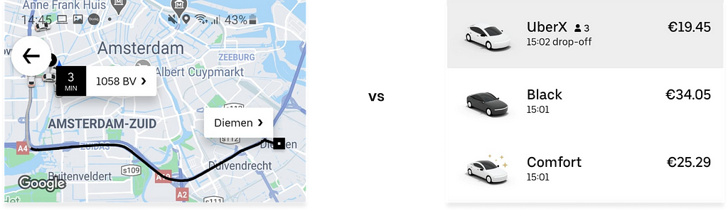 Two sections from the app: small map with trip overview and a sheet used for selecting a car type.