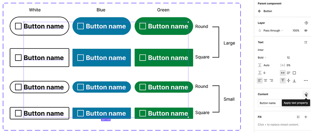 12 buttons are arranged in a 3x4 array, each labeled “Button name” with a simple square icon placeholder next to the text. All of the text fields are selected, and in the next frame, a tooltip labeled “Apply text property” is visible.