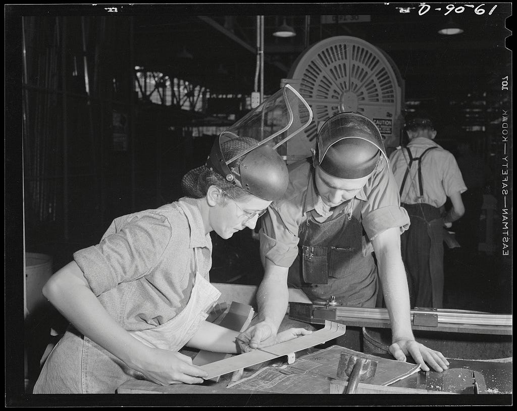 Factory workers at Vultee’s Nashville Division checking A-31 “Vengeance” dive bomber part to blueprint, February 1943. Photo credit: Alfred T. Palmer, Farm Security Administration — Office of War Information Photograph Collection (Library of Congress)