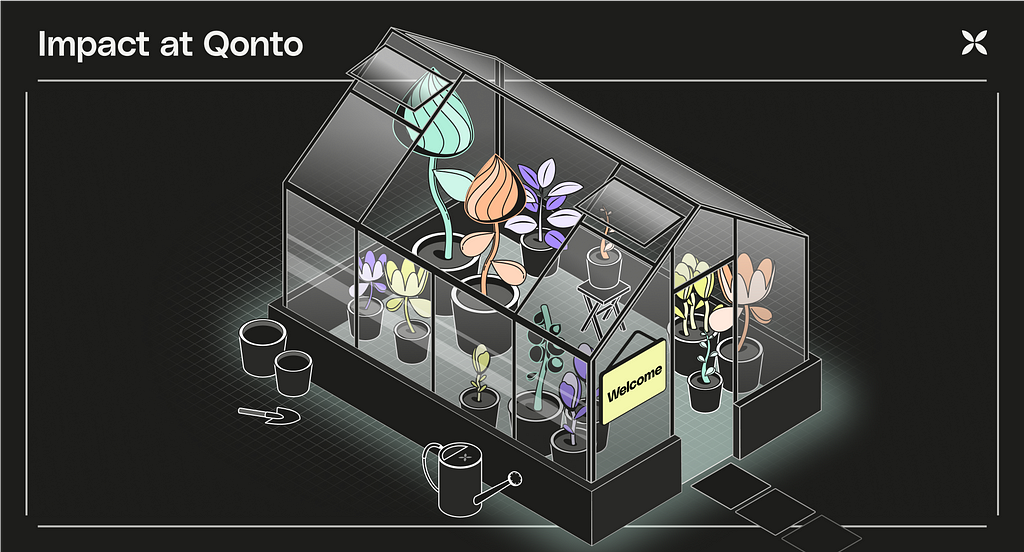 An illustration that reads “Impact at Qonto” and displays a greenhouse holding a collection of plants of varying shapes, sizes, and colors. There are two empty plant pots and a trowel outside the greenhouse, as well as a watering can, and a sign on the door reading: “Welcome”.