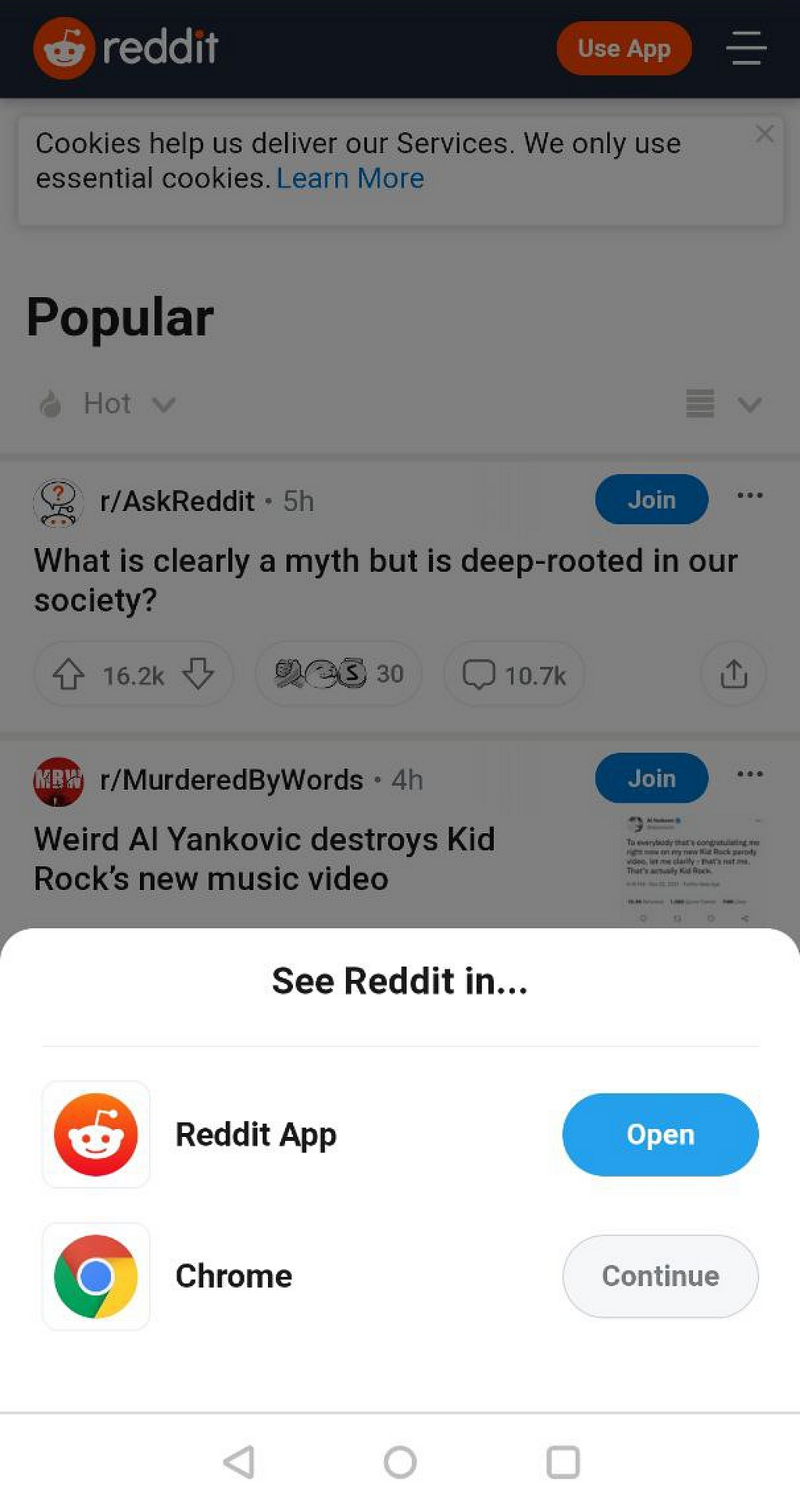 Screenshot from Reddit blocking the user by nudging them to download the mobile app instead of continuing from the browser