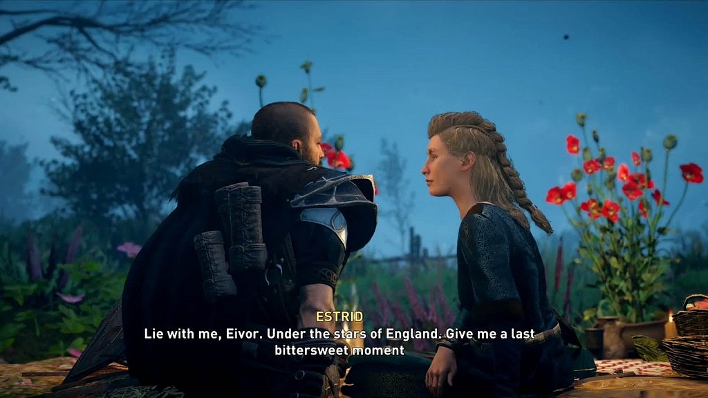 Eivor romancing Estrid in the essex arc of assassins creed valhalla