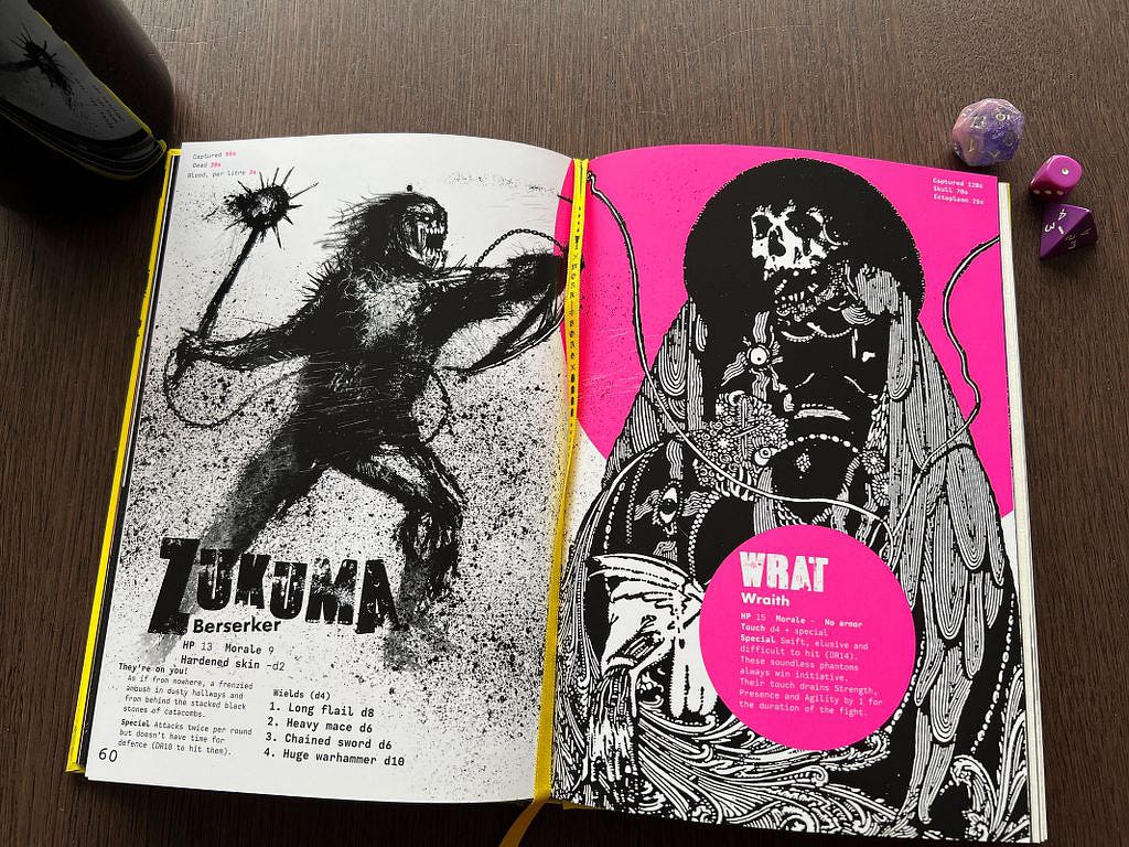 A spread with two monsters from Mörk Borg showing the book’s art-forward style