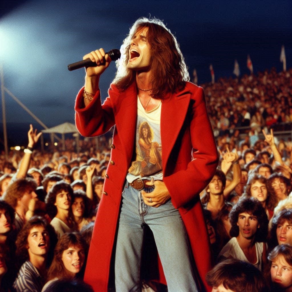 The lead singer of an 1980s rock group sings before a crowd at an outdoor summer night concert.