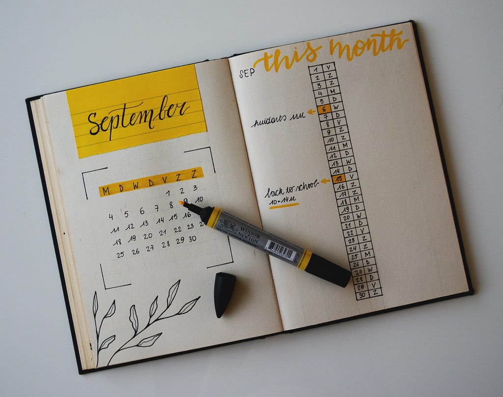 Image of a simple, but stylized bullet journal page. The accent color is yellow.
