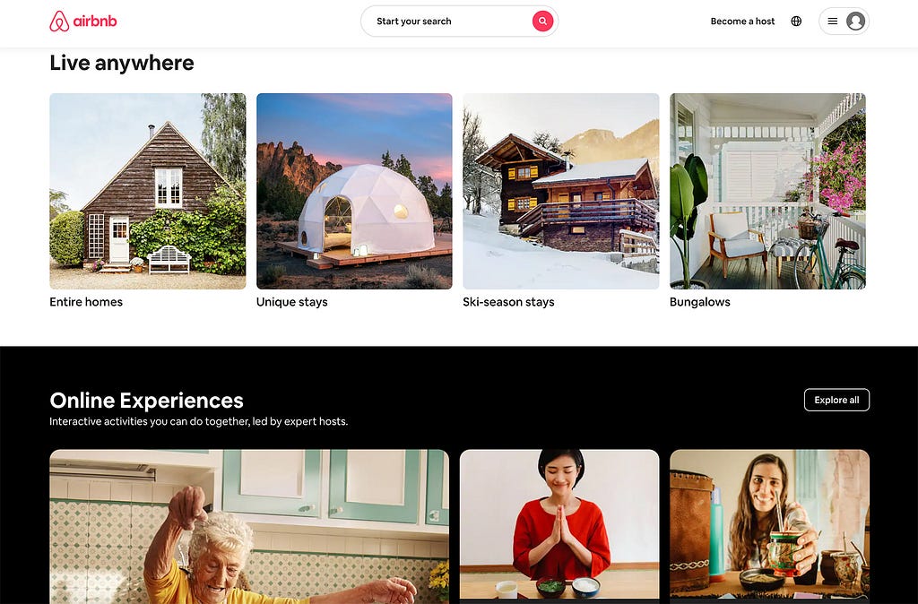The Airbnb homepage.