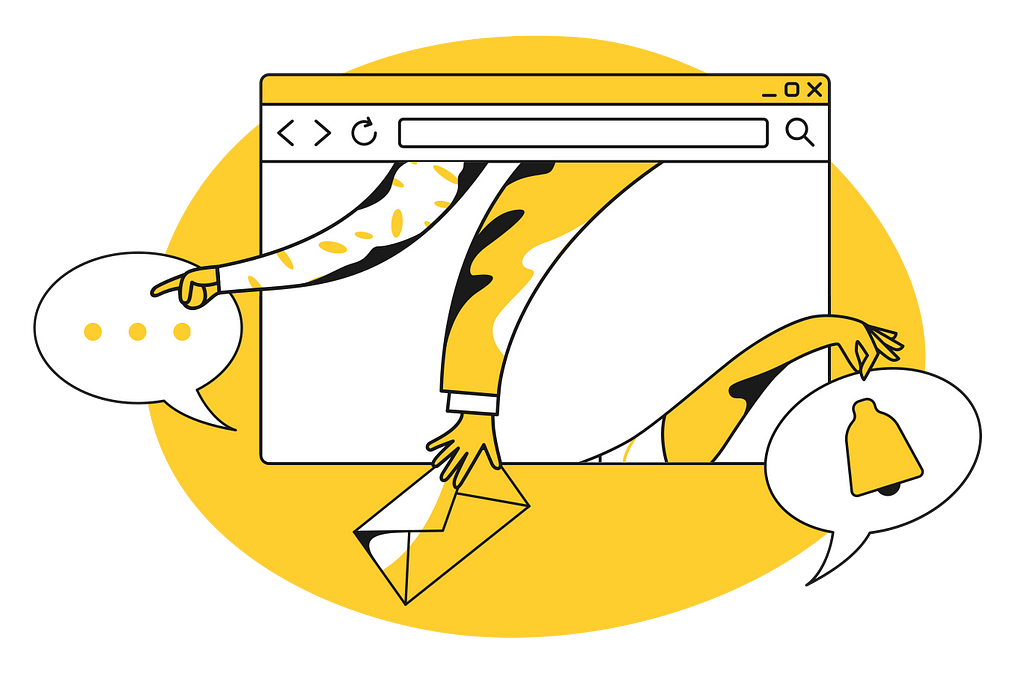 Illustration depicting user experience on a yellow background.