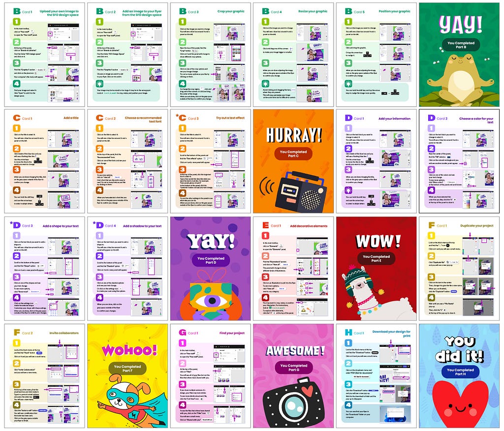 A zoomed-out view of twenty instructional cards (organized in four rows of five). The type is too small to read but the graphics are engaging, the information is clear, and the colors are vibrant.