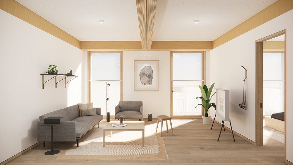 A rendering of an interior for the PMX 15 mass timber building model by Sidewalk Labs.